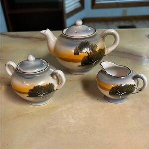 Vintage Takita Tea Set with Swans hand painted porcelainLusterware.
